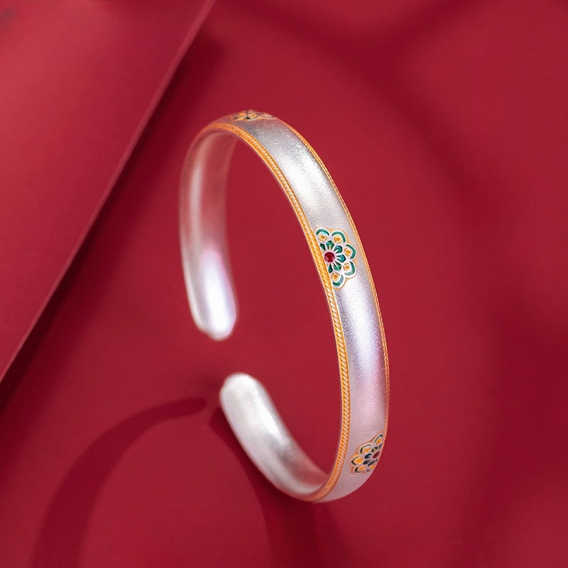 Pure Silver 9999 Enamel Color, Gold Treasure Xianghua Silver Bracelet, National Style Sterling Silver Bracelet for Girlfriend Gift