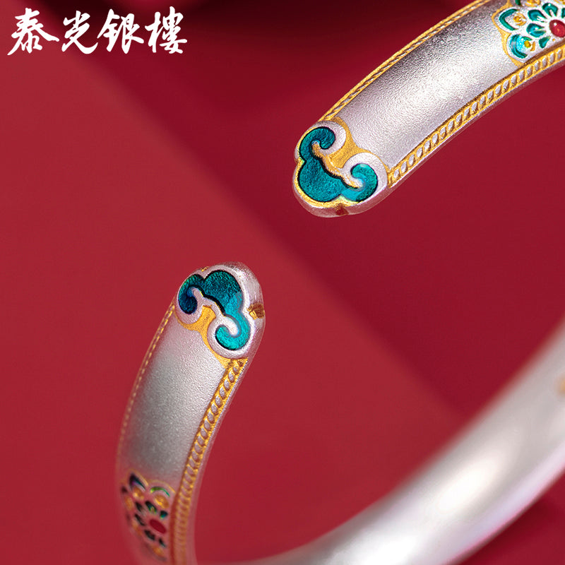 Pure Silver 9999 Enamel Color, Gold Treasure Xianghua Silver Bracelet, National Style Sterling Silver Bracelet for Girlfriend Gift
