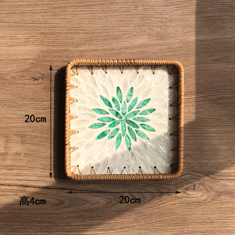 Luxury, high-end natural rattan shell tray, home living room, coffee table, tea tray, storage, fruit plate