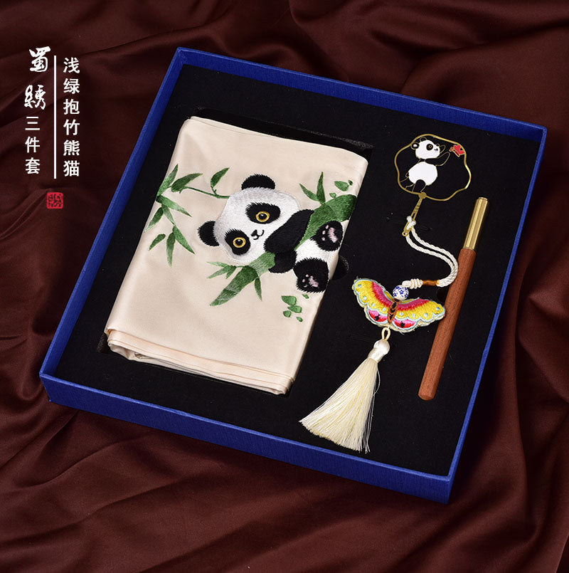Chinese style Shu embroidery scarf gift silk scarf three-piece scarf bookmark pen set gift box for the old people to go abroad gifts
