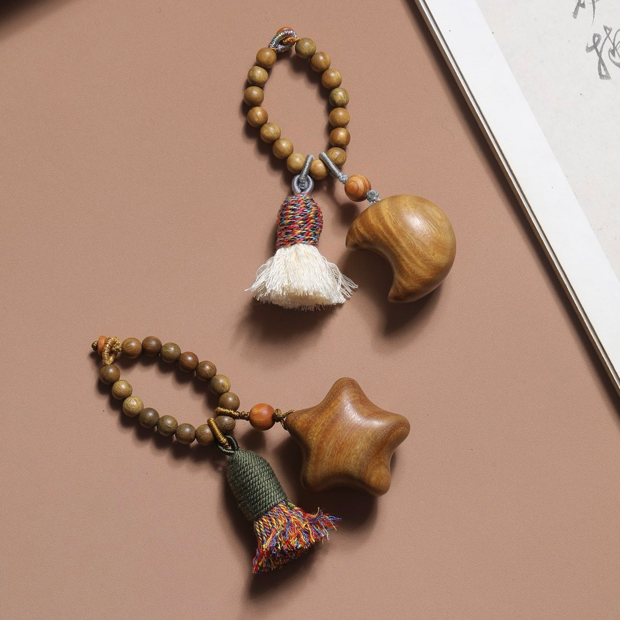 Authentic natural green sandalwood star moon pendant wood carving handle pendant tassel keychain accessories gift women