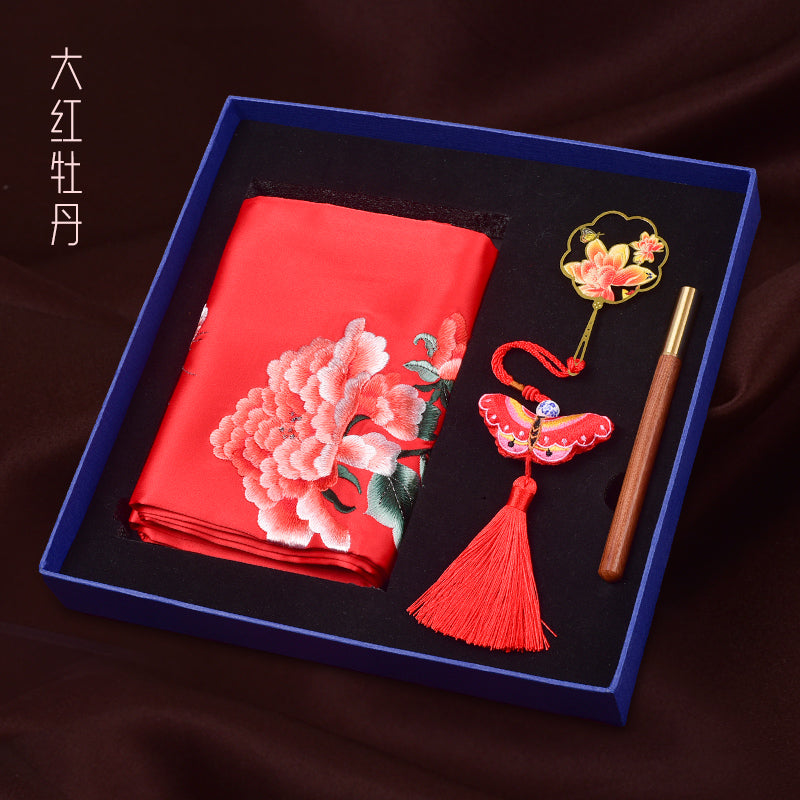 Chinese style Shu embroidery scarf gift silk scarf three-piece scarf bookmark pen set gift box for the old people to go abroad gifts