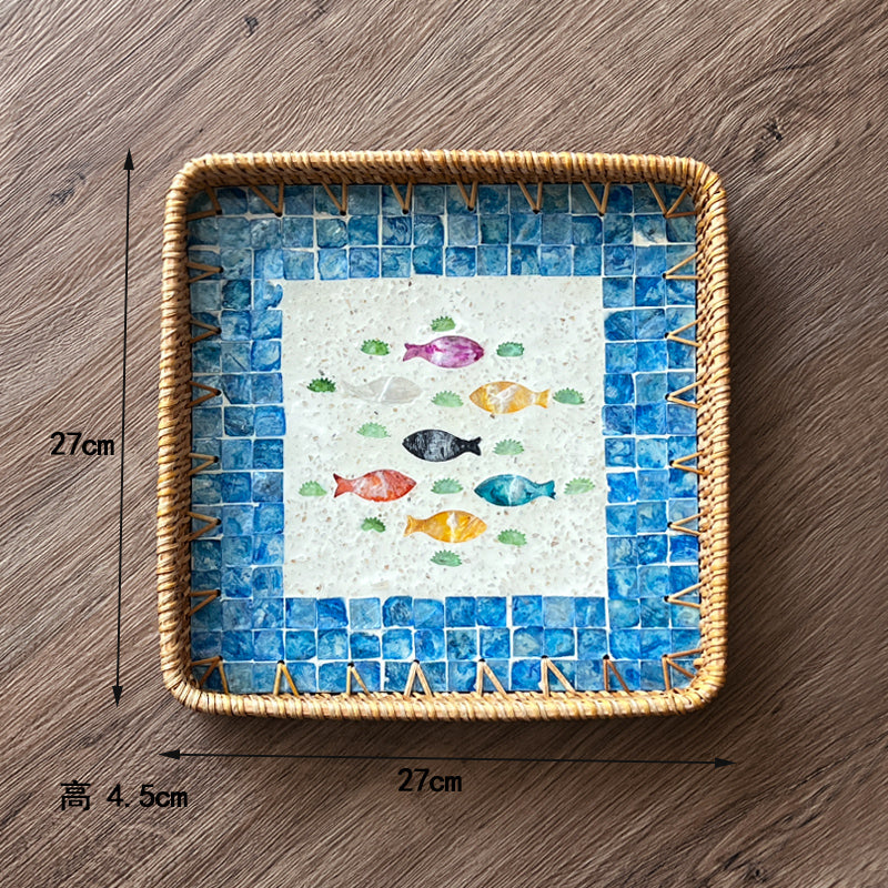 Luxury, high-end natural rattan shell tray, home living room, coffee table, tea tray, storage, fruit plate