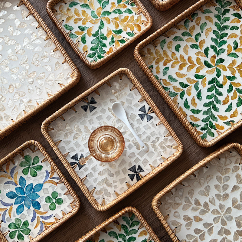 Luxury, high-end natural rattan shell tray, home living room, coffee table, tea tray, storage, fruit plate