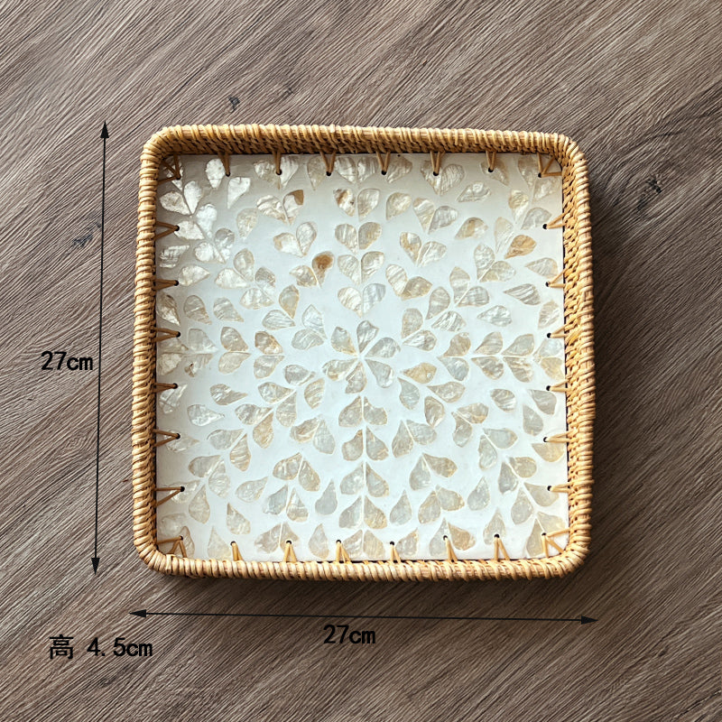 Luxury, high-end natural rattan shell tray, home living room, coffee table, tea tray, storage, fruit plate