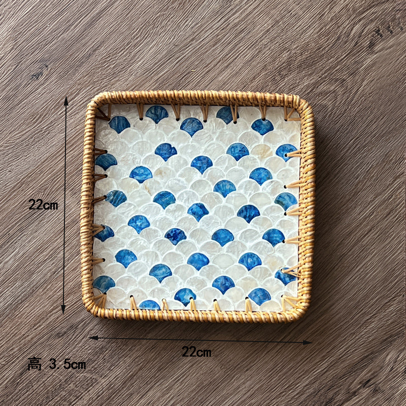 Luxury, high-end natural rattan shell tray, home living room, coffee table, tea tray, storage, fruit plate