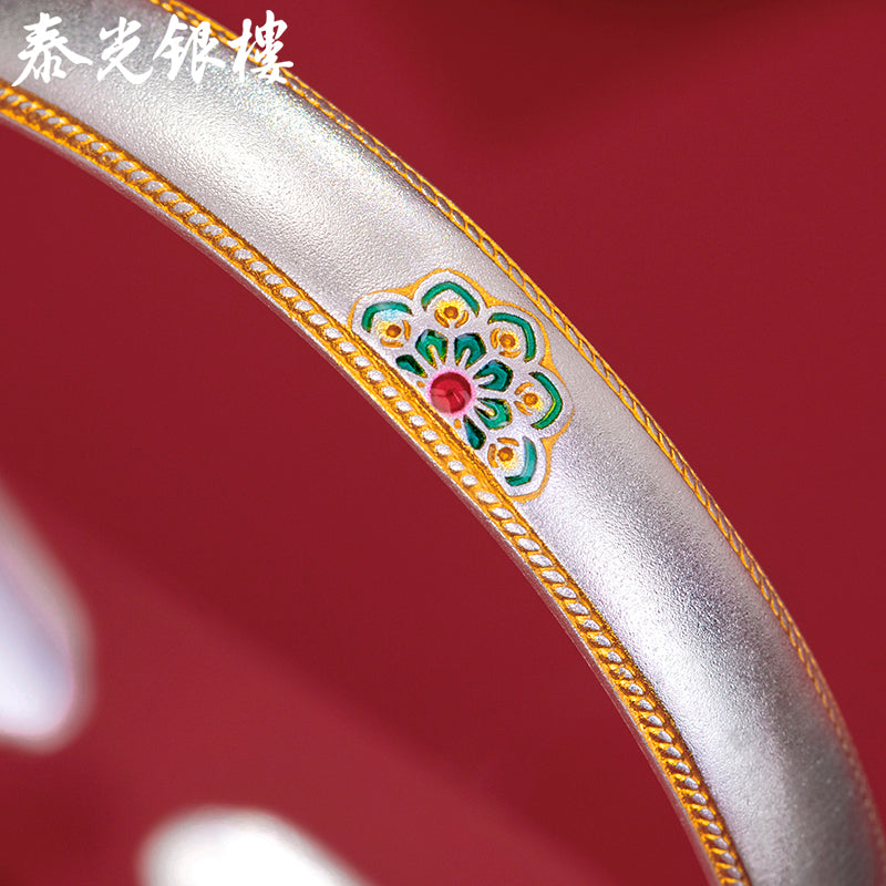 Pure Silver 9999 Enamel Color, Gold Treasure Xianghua Silver Bracelet, National Style Sterling Silver Bracelet for Girlfriend Gift