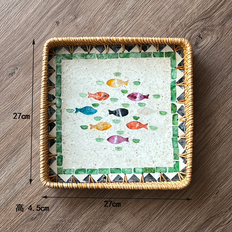 Luxury, high-end natural rattan shell tray, home living room, coffee table, tea tray, storage, fruit plate