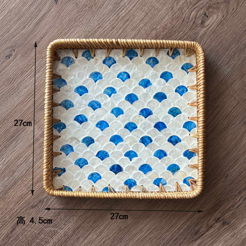 Luxury, high-end natural rattan shell tray, home living room, coffee table, tea tray, storage, fruit plate