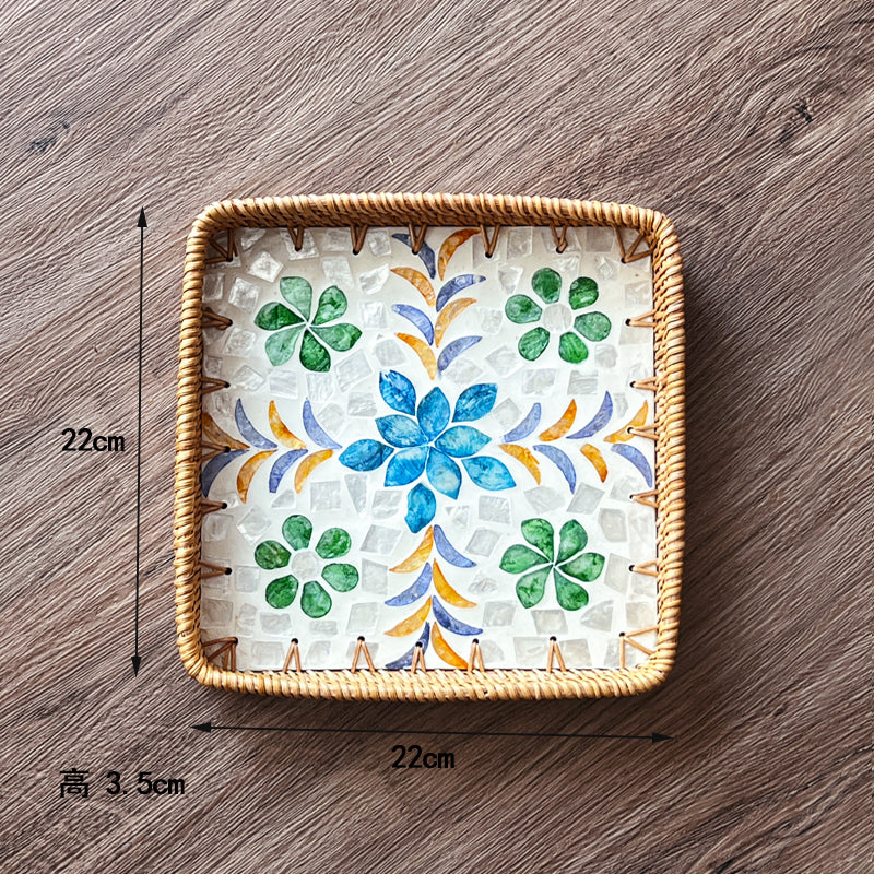 Luxury, high-end natural rattan shell tray, home living room, coffee table, tea tray, storage, fruit plate