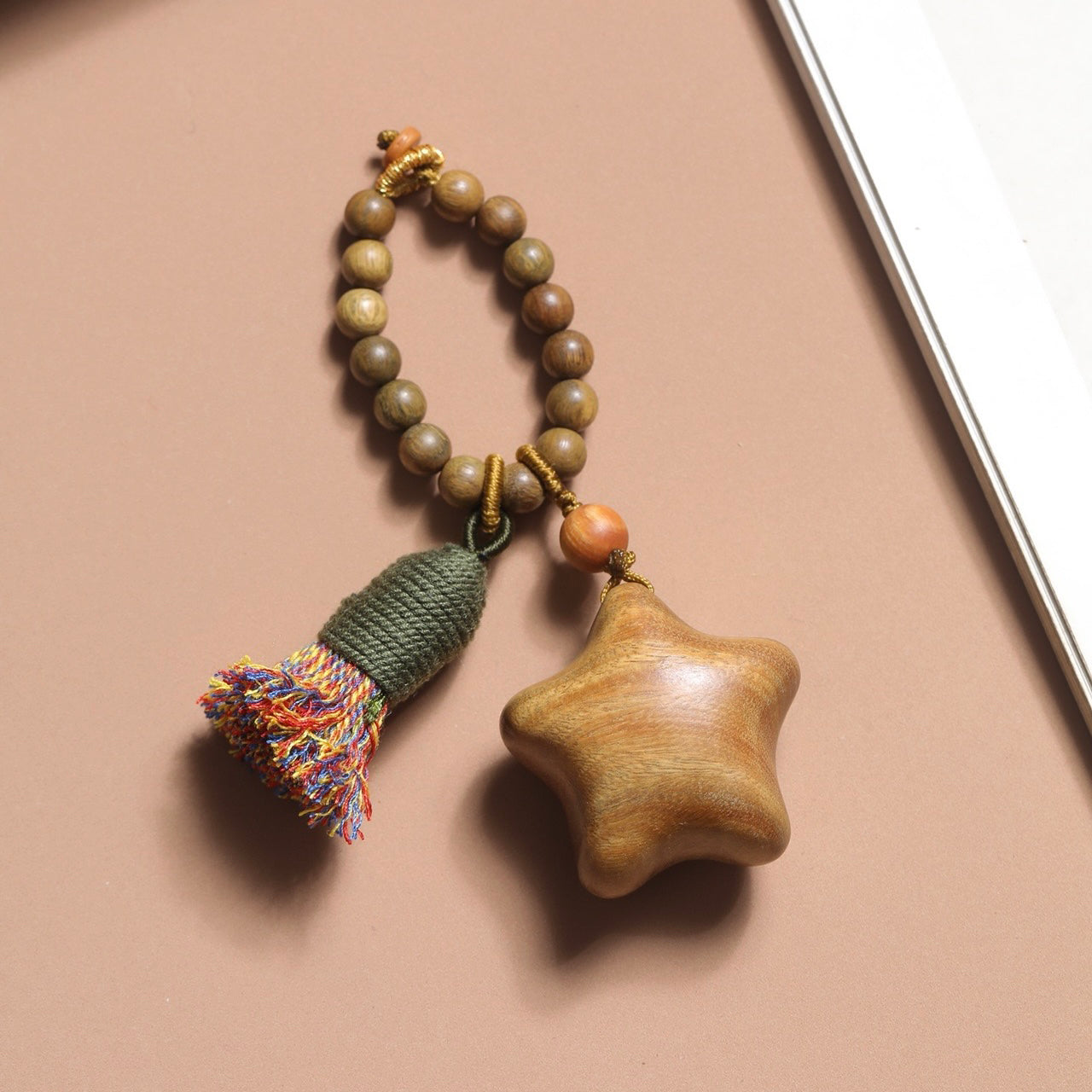 Authentic natural green sandalwood star moon pendant wood carving handle pendant tassel keychain accessories gift women