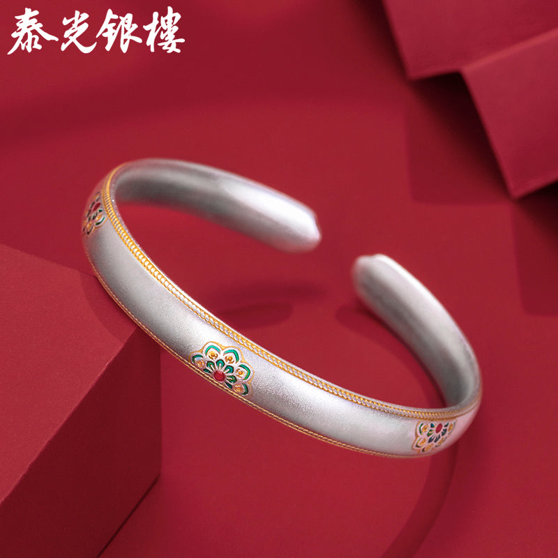 Pure Silver 9999 Enamel Color, Gold Treasure Xianghua Silver Bracelet, National Style Sterling Silver Bracelet for Girlfriend Gift