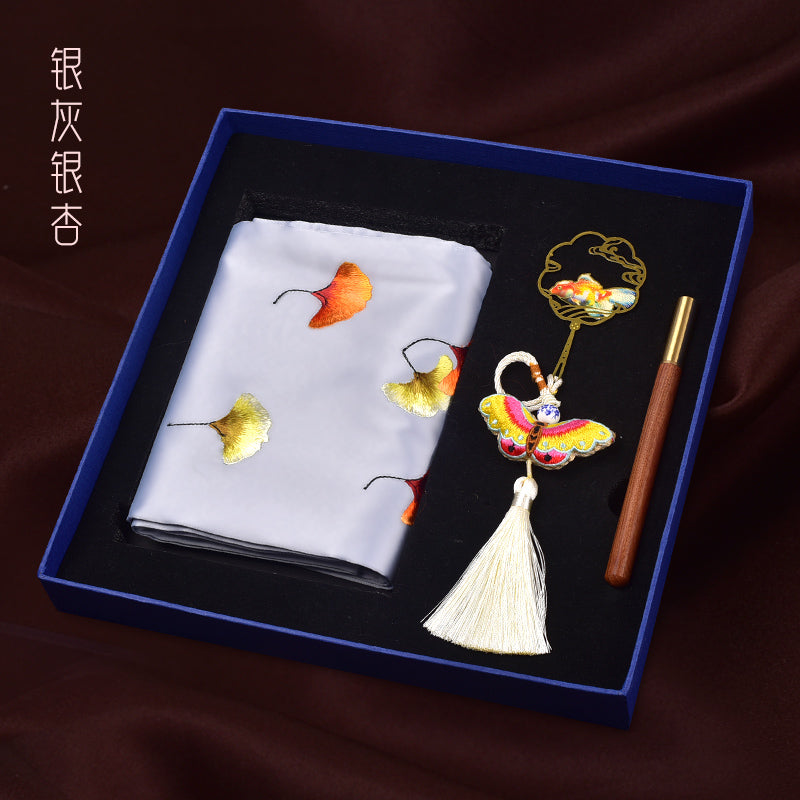 Chinese style Shu embroidery scarf gift silk scarf three-piece scarf bookmark pen set gift box for the old people to go abroad gifts