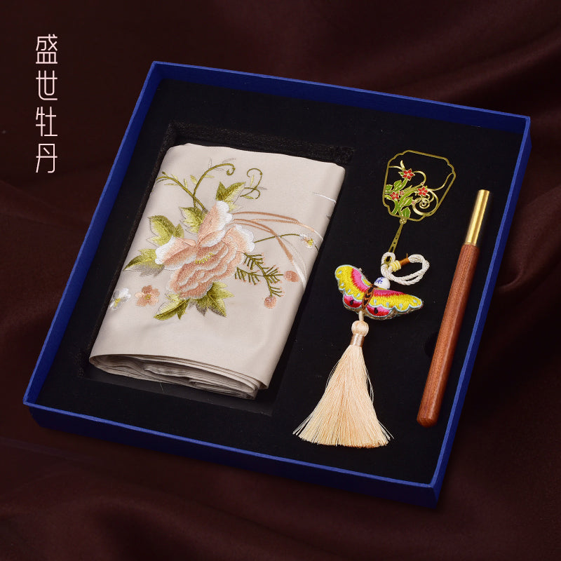 Chinese style Shu embroidery scarf gift silk scarf three-piece scarf bookmark pen set gift box for the old people to go abroad gifts