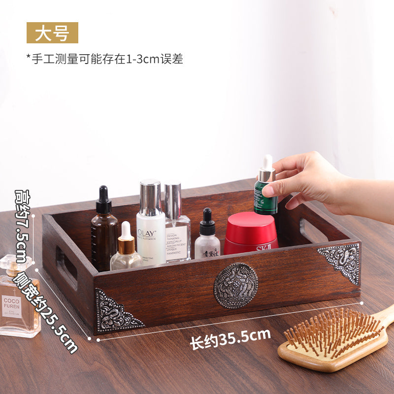 Vintage solid wood tabletop cosmetics storage box bathroom toilet sink countertop perfume skin care products shelf